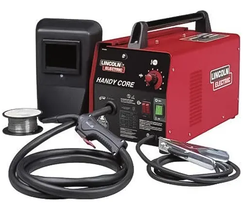 Lincoln Electric Handy Core welder with welding helmet, wire spool, and cables