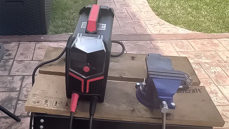 MIG welder on a welding cart with a grounding clamp, set outdoors on a patio