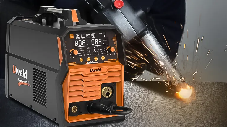 Uweld MIG welder with digital display and a welding torch in action, creating sparks