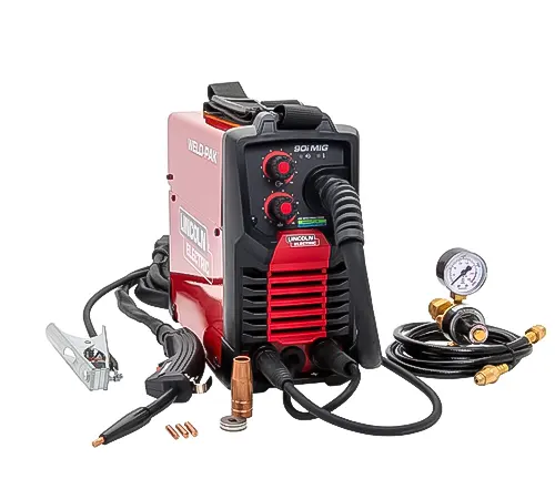 A Lincoln Electric 180 MIG welder with accessories and a gas regulator