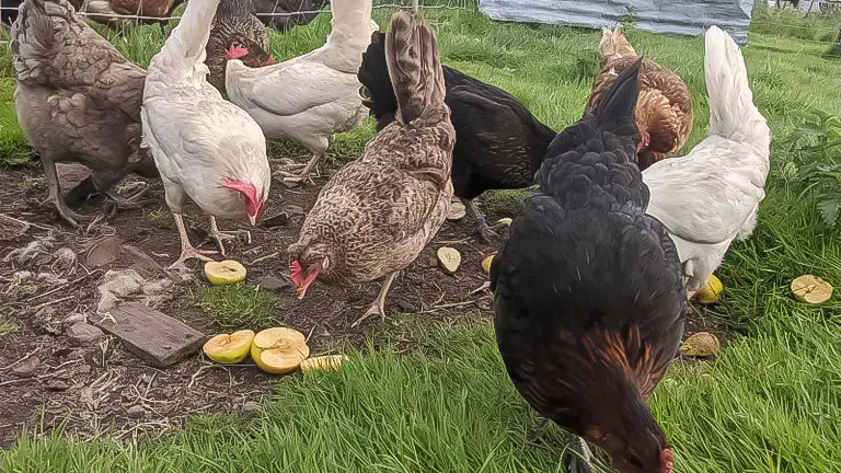 Chickens pecking at sliced apples on the ground