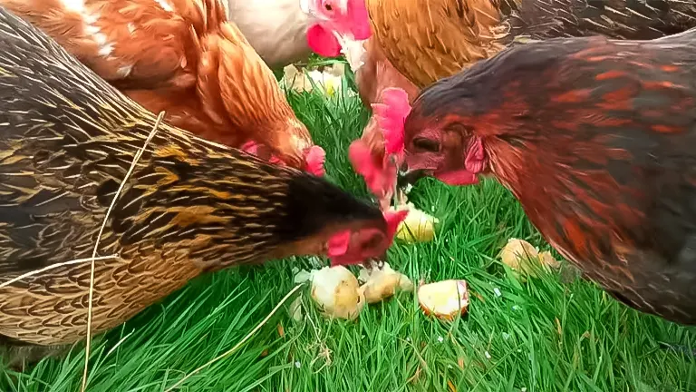 A group of chickens pecking at chunks of sweet potato on a grassy field