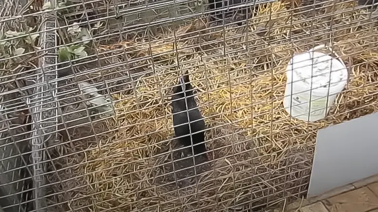 Chicken inside a coop with straw bedding and lime
