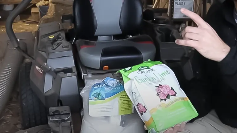 Organic Garden Lime bags next to a tractor inside a barn