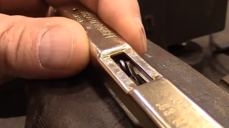 A person using a depth gauge tool on a metallic object