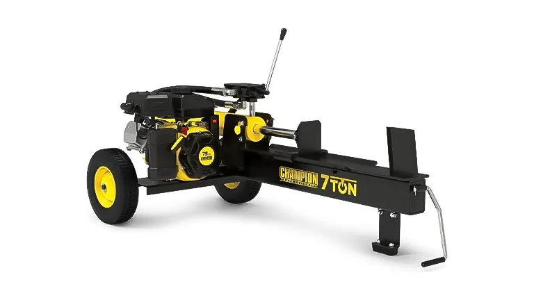 A compact and sturdy Champion 90720 7-Ton Horizontal Gas Log Splitter with prominent yellow and black colors