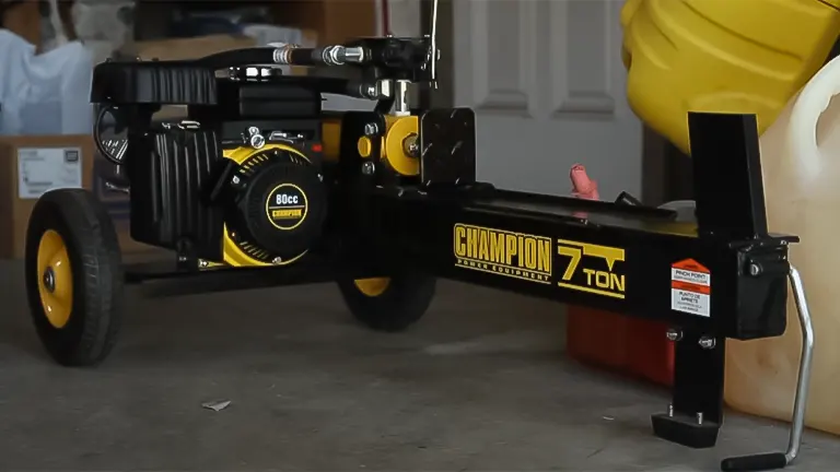 Champion 90720 7-Ton Horizontal Gas Log Splitter displayed in a garage setting, showcasing its black and yellow color scheme and 80cc engine