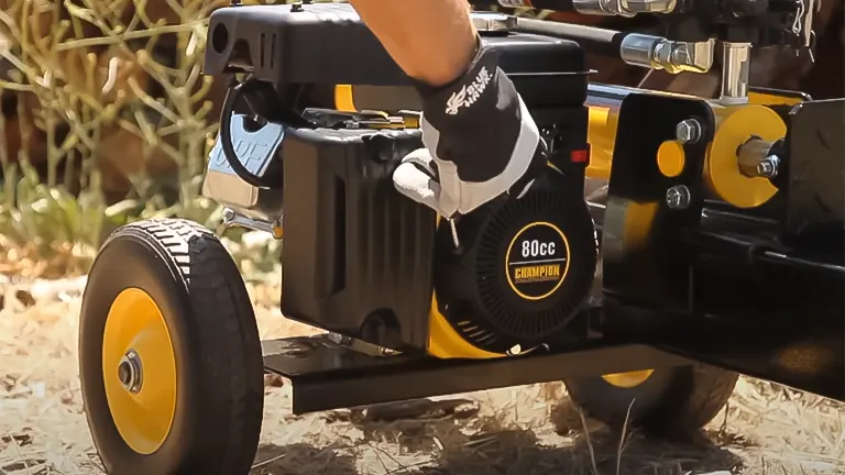 A hand in a glove pulling the start cord on a Champion 90720 7-Ton Gas Log Splitter's engine