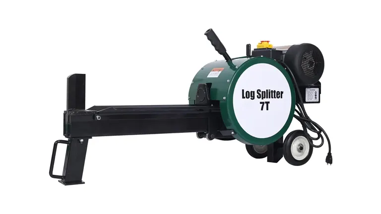 Electric 7-ton log splitter with a green and black design, labeled 'Log Splitter 7T', on a white background