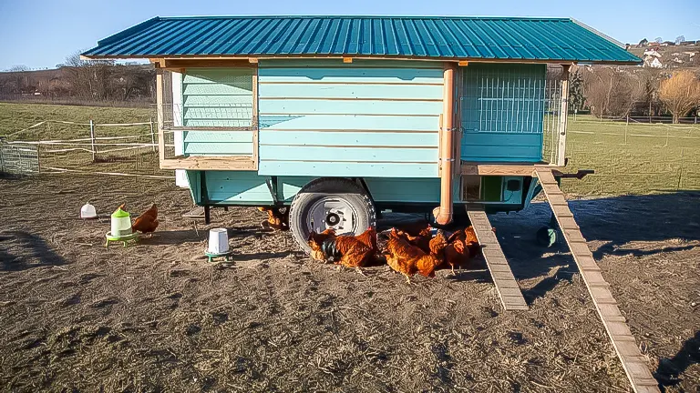 A mobile chicken coop built on a trailer with chickens gathered underneath in an open field