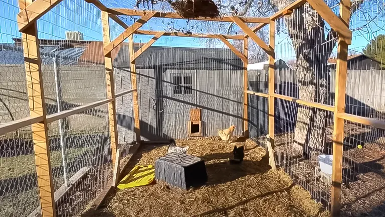 Homemade chicken coop with an outdoor run and several chickens