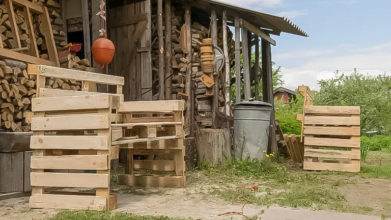 Stacked wooden pallets next to a rustic shed, potential materials for a DIY chicken coop