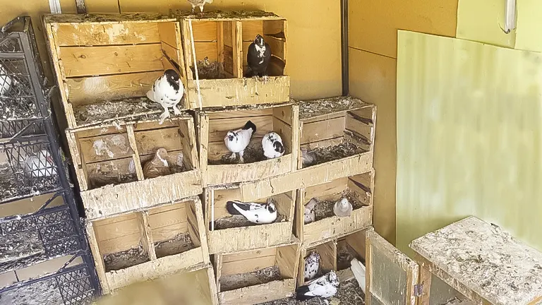 Homemade nesting boxes inside a chicken coop, occupied by several pigeons