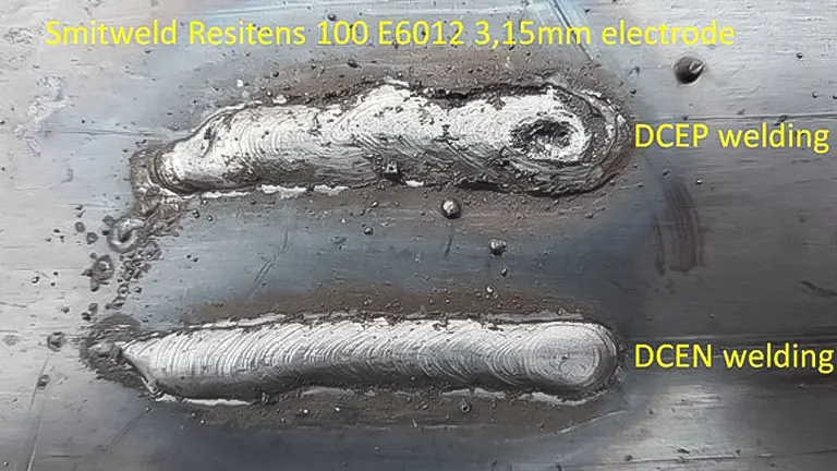 Comparison of DCEP and DCEN stick welding results on a metal surface using a Smitweld Resitens 100 E6012 3.15mm electrode