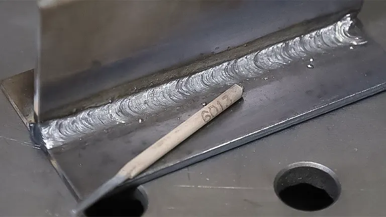 Welding electrode next to a freshly welded seam on a metal surface, demonstrating AC stick welding technique