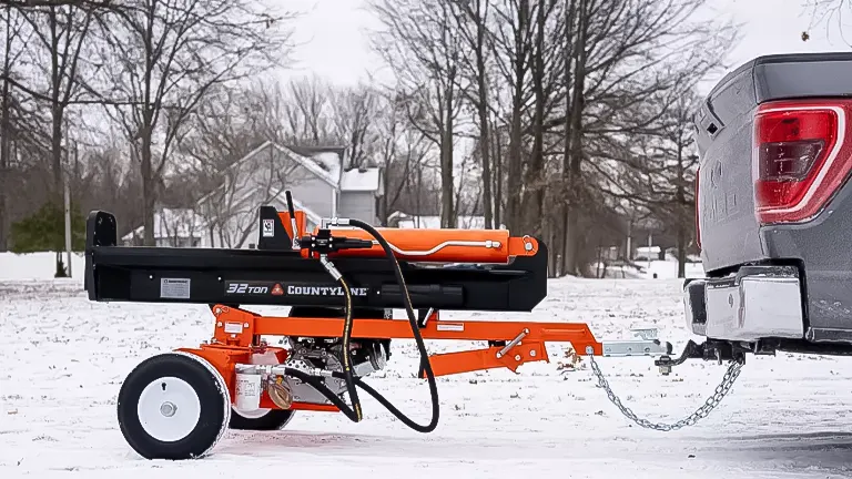 CountyLine 32-ton log splitter hitched to a truck on snowy ground