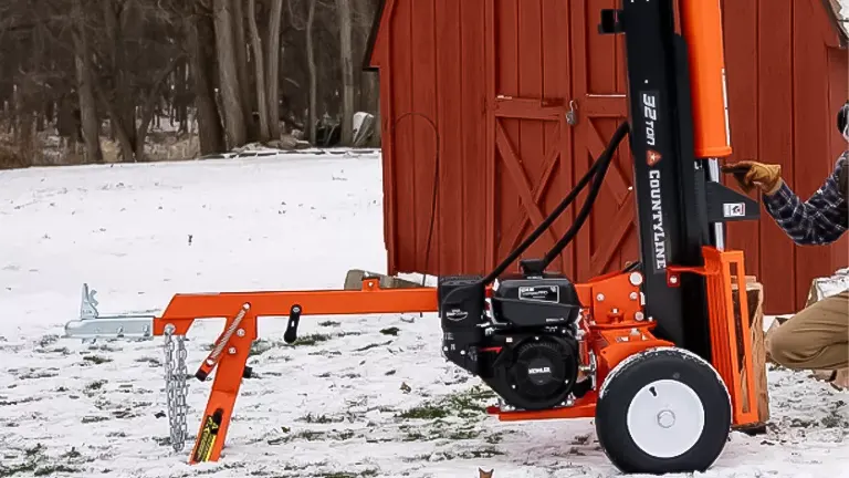 CountyLine 32-ton vertical log splitter with Kohler engine in a snowy outdoor setting