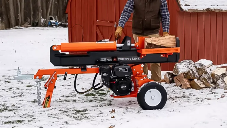 Person operating a CountyLine 32-ton log splitter with Kohler engine in a snowy yard