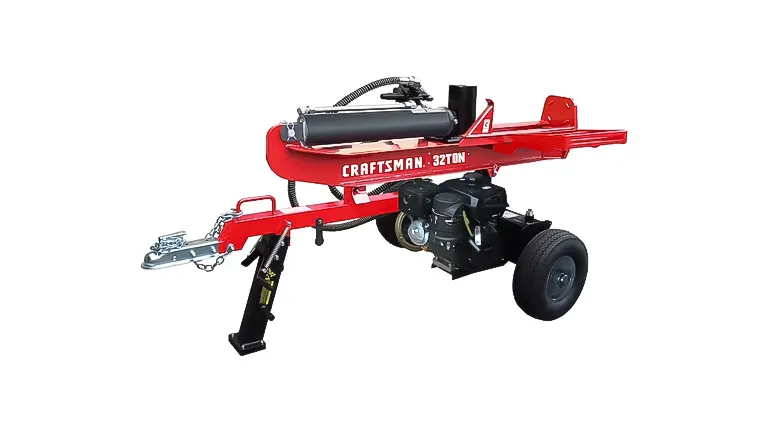 CRAFTSMAN 32-ton gas log splitter with black engine and red body on wheels