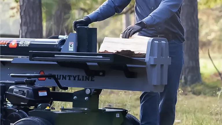 Individual loading wood onto a Countyline 40-Ton Log Splitter in a forested area