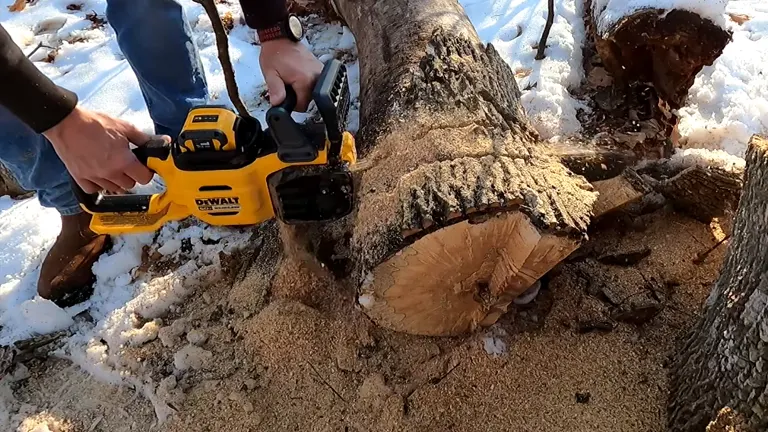 Person using cutting logs into 2 using DEWALT DCCS677Z1 FlexVolt 60V Chainsaw in the woods with snow