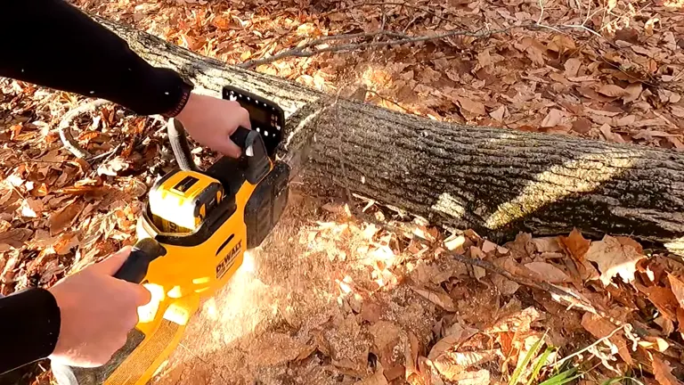 Person cutting log using DEWALT DCCS677Z1 FlexVolt 60V Chainsaw in the woods full of falling leaves