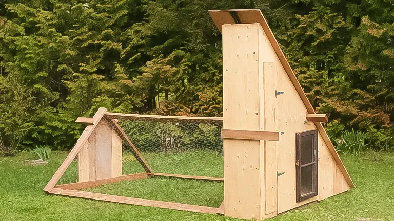 A simple A-frame chicken coop with a wooden structure and wire mesh side