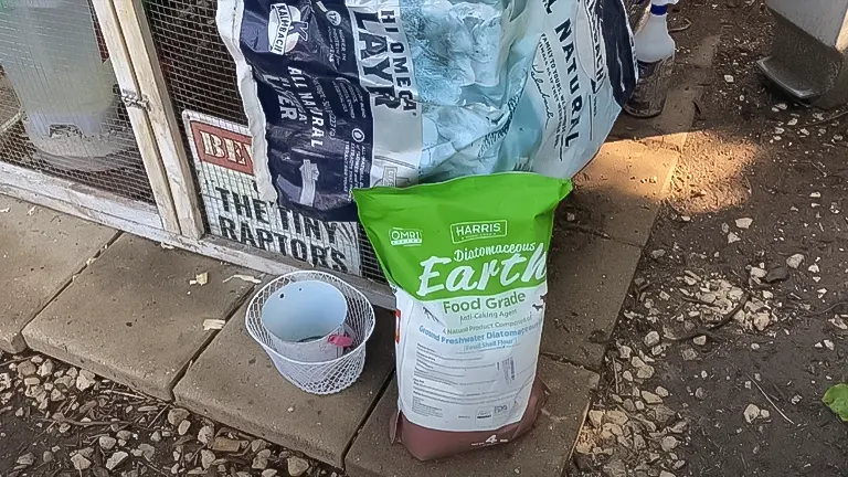 A bag of food-grade Diatomaceous Earth placed outside a chicken coop