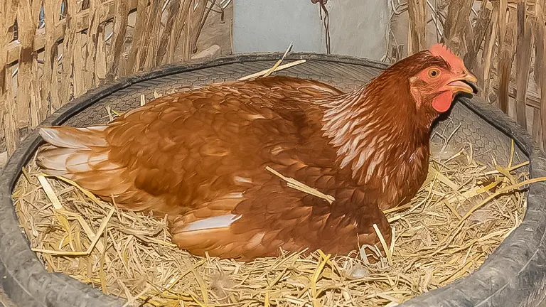 A brown chicken nesting in straw, potentially benefiting from diatomaceous earth for health