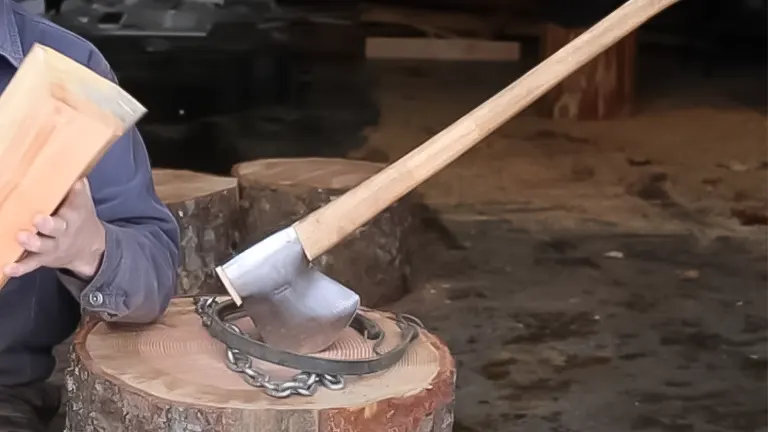 An axe embedded in a log on a chopping block, secured by a chain wrapped around the log and attached to a bungee cord