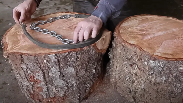 Hands placing a chain with a rubber bungee around a large log for splitting