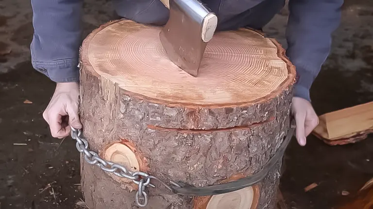 An axe lodged in a split log secured by a chain