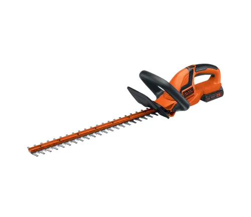 orange electric hedge trimmer. It has a black handle and long metallic blades