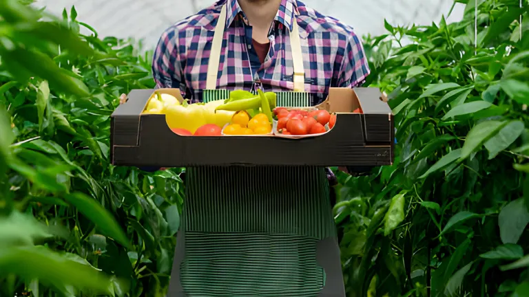 Person holding a tray of fresh vegetables in a greenhouse