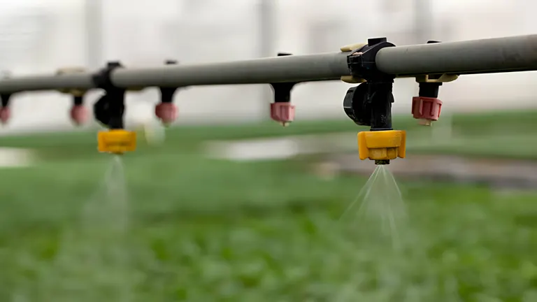 Automated irrigation system watering plants in a greenhouse.