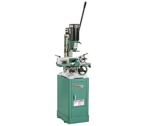Industrial green Grizzly G0448 heavy-duty mortiser with a stand