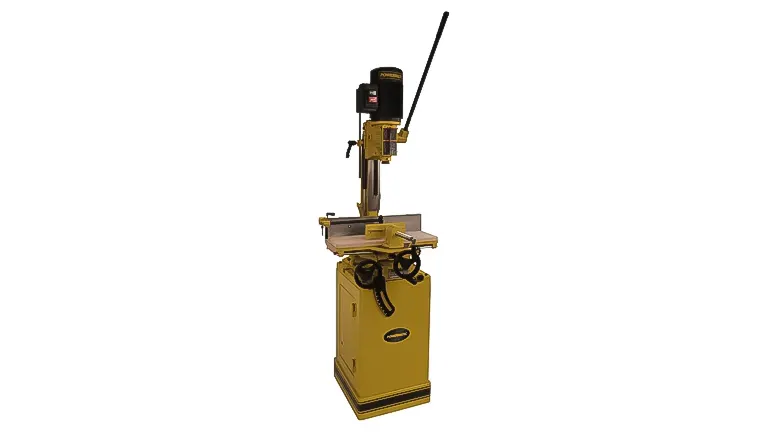 Gold-colored Powermatic 719T tilting mortiser on a stand with lever and controls