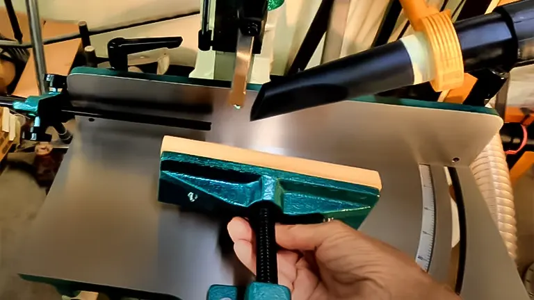 Hand adjusting a green clamp on a Grizzly G0448 mortiser machine