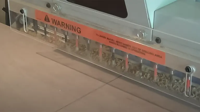 Close-up of Grizzly G0642 Boring Machine’s warning label and drill bits