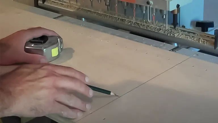 Person marking measurements on wood near a boring machine