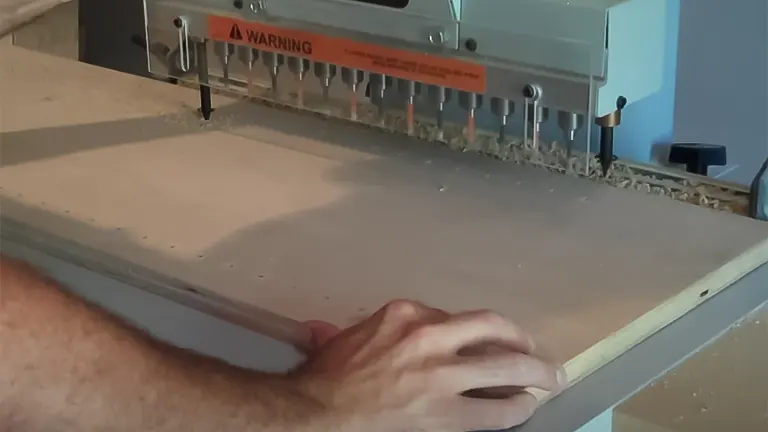 Person operating a Grizzly G0642 Line Boring Machine to drill a hole in wood