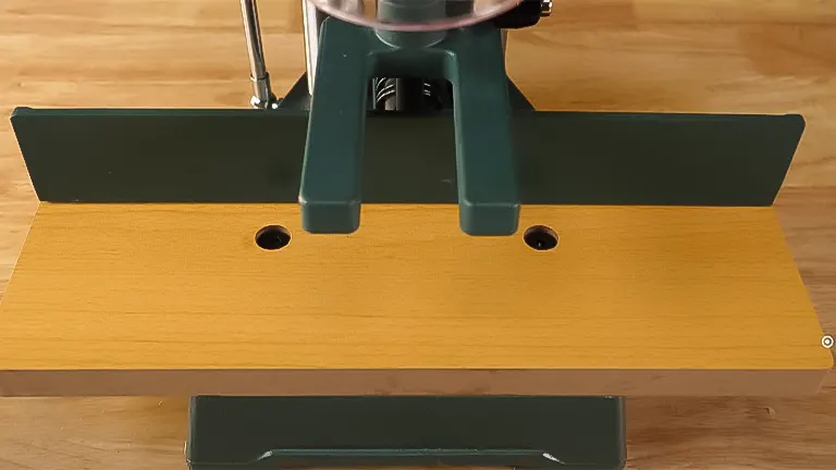 Top view of Grizzly G0645 mortising machine with green base and wooden board