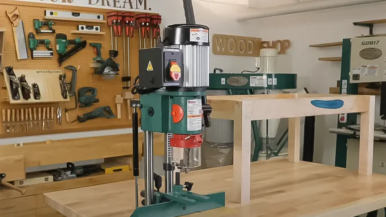 Grizzly G0645 benchtop mortising machine in a well-equipped woodworking shop