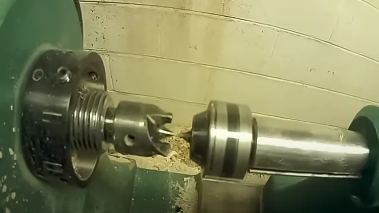Close-up of a wood piece being turned on a Grizzly G0694 lathe
