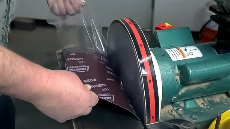 A person applying a new sanding disc to the spinning Grizzly G0702 - 12" Disc Sander with Brake