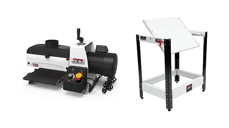 JET JWDS-1020 Drum Sander with black and white design, alongside its standalone white worktable with a black base