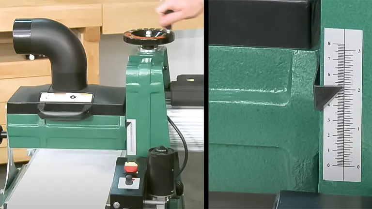 Close-up of the adjustment knob and measurement scale on the Grizzly G0716 10-inch 1 HP Drum Sander