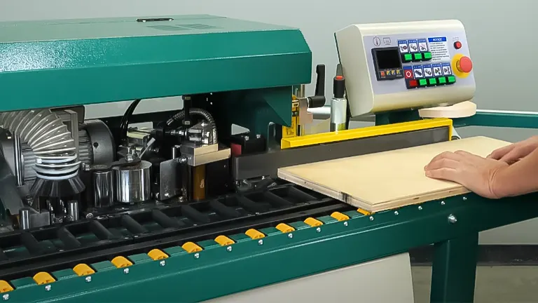 Close-up of Grizzly G0774 Automatic Edgebander in use