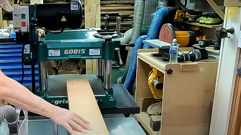 Wood being fed into a Grizzly G0815 planer in a workshop
