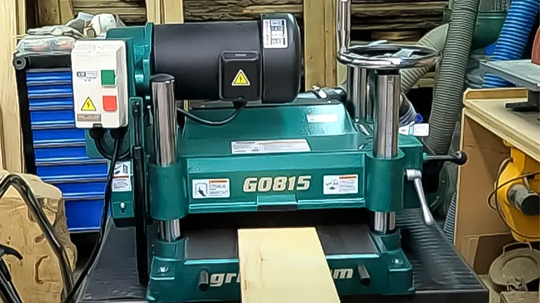 Grizzly G0815 planer with wood piece on the table in a workshop setting